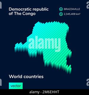 Carte vectorielle rayée stylisée de la république démocratique du Congo avec effet 3D. Carte de la république démocratique du Congo est en vert et menthe sur fond bleu foncé Illustration de Vecteur