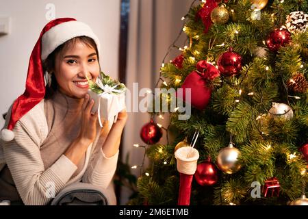 Femme asiatique tenant l'ornement de Noël pour décorer sur l'arbre de noël Banque D'Images