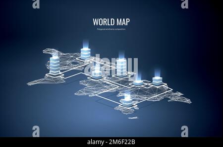 Carte du monde isométrique. Composition en filaire polygonale. Concept d'hébergement du monde des serveurs. Illustration abstraite isolée sur fond bleu. P Illustration de Vecteur