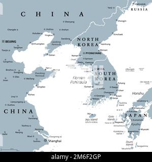 Région de la péninsule coréenne, carte politique grise. Région péninsulaire Corée en Asie de l'est, divisée entre la Corée du Nord et la Corée du Sud, bordée par la Chine et la Russie. Banque D'Images