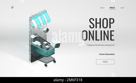 Boutique en ligne. Smartphone transformé en boutique Internet. Chariot et smartphone Isométrique avec auvent. Concept de marketing et e-commerce.Magasinez sur Illustration de Vecteur