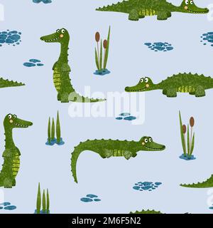 Motif crocodile sans couture amusant. Illustration texturée dessinée à la main avec de jolis animaux sauvages, de l'eau et des plantes sur fond bleu clair Banque D'Images