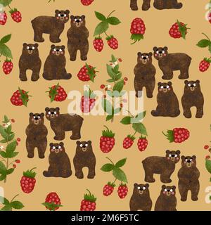 Motif sans couture avec jolis ours en peluche texturés et framboises. Illustration isolée d'un ensemble d'animaux sauvages et de brousse de baies rouges dans une caricature d'enfant Banque D'Images