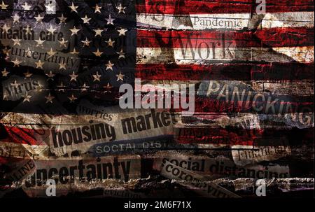 Coronavirus et l'économie de l'actualité sur fond de drapeau américain Banque D'Images