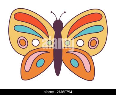 Retro 70s Groovy hippie sticker papillon. Élément de dessin animé psychédélique - illustration funky dans le style hippy vintage. Illustration vectorielle plate pour bannière Illustration de Vecteur