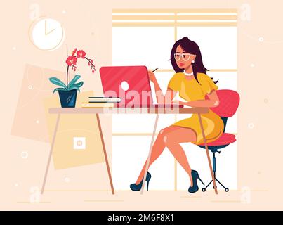 Employé de bureau. Femme d'affaires est assise au bureau et travaille sur l'ordinateur portable. Illustration du concept de vecteur plat Illustration de Vecteur