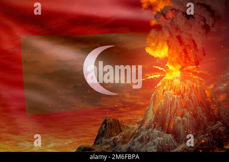 Grande éruption volcanique la nuit avec explosion sur le fond du drapeau des Maldives, des problèmes à cause de catastrophe et le concept de tremblement de terre volcanique - 3D illustrati Banque D'Images