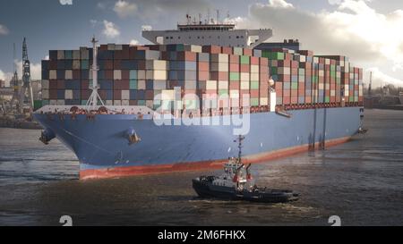 Immense navire à conteneurs dans le port de Hambourg Banque D'Images
