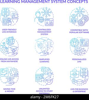 Ensemble d'icônes de concept de gradient bleu du système de gestion d'apprentissage Illustration de Vecteur