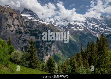 Vue panoramique aérienne de la vallée de Lauterbrunnen depuis le Mürren Small Village - région de Jungfrau en été - Alpes suisses, Suissela Banque D'Images