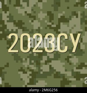 2023 logo des forces armées de l'Ukraine sur le camouflage de pixels de texture. Motif militaire ukrainien sans couture dans des couleurs olive. Imprimé militaire pour un t-shirt Illustration de Vecteur