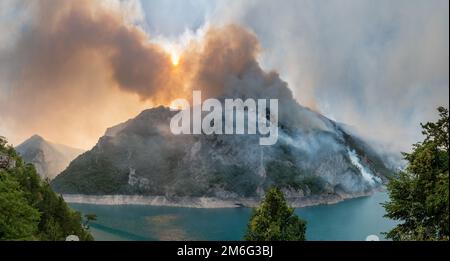 Feu de forêt au lac de Piva dans le parc national du Monténégro Banque D'Images