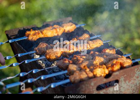 Morceaux de viande accrochés sur des brochettes de métal sur le gril au coucher du soleil Banque D'Images