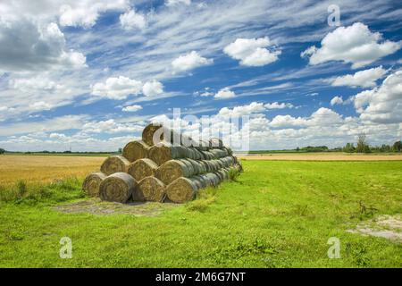 Balles de foin empilées dans le pré et nuages dans le ciel Banque D'Images