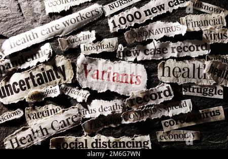 Coronavirus et l'économie de l'actualité avec les variantes en rouge Banque D'Images