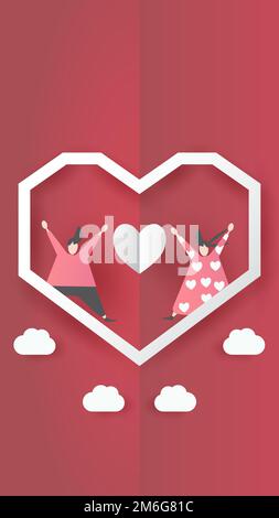 mignon amour papier art valentin jour. avec beau coeur de mouche de valentine de garçon et de fille, papier coupé sur fond rouge, ciel blanc, nuages, vecteur de style origami. Illustration de Vecteur