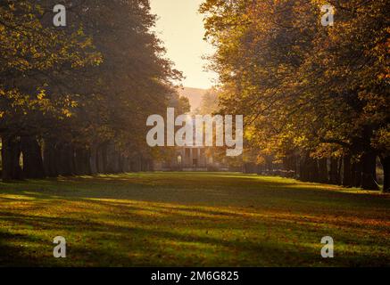 Avenue arborescente donnant sur la chapelle de Gibside, illuminée par la lumière du soleil d'automne créant de longues ombres. Tyne et Wear. ROYAUME-UNI. Banque D'Images