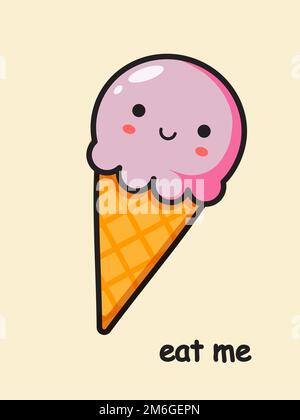 Crème glacée dessin animé kawaii. Carte postale mangez-moi. Illustration vectorielle. Illustration de Vecteur