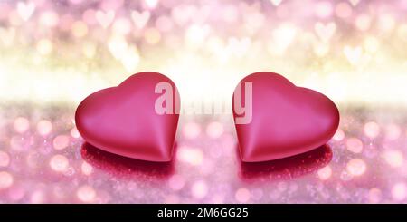 Deux coeurs 3D, lumières bokeh brillantes, amour et fond de Saint Valentin Banque D'Images
