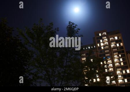 Lever de lune derrière les appartements résidentiels la nuit alors que les arbres se déplacent dans le vent Banque D'Images