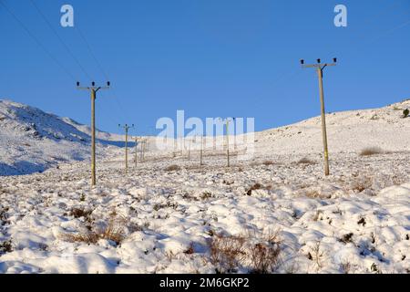 Neige d'hiver, poteaux et fils télégraphiques sur le chemin jusqu'à une neige a couvert Ben Vrackie à Pitlochry, en Écosse Banque D'Images