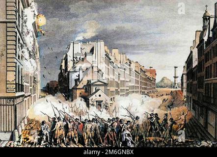 Les débuts de la Révolution française - les préfets de la Révolution de 1789: Fusillade au faubourg Saint Antoine a Paris le 28 avril 1789 des évrieurs protestant contre les initiatives de Jean Baptiste Reveillon (1725-1811) sur la taxe des manufactures. Dessin de Veny et Girardet , Gravure de Lepine et Niquet. Banque D'Images