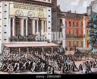 Révolution francaise de 1789 - Révolution française : le clocher révolutionnaire fait basculer l'Opéra de Paris le 12 juillet 1789. Dessin de Prieur. Banque D'Images