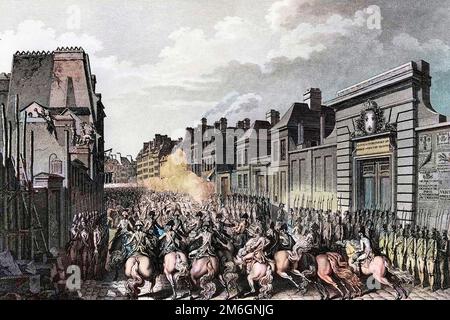 Les débuts de la Révolution française - les premiers de la Révolution de 1789: L'immeuble (rue) du faubourg Saint Antoine a Paris le 28 avril 1789 par les ouvriers protestant contre les initiatives de Jean Baptiste Reveillon (1725-1811) sur la taxe des manufactures. Dessin de Veny et Girardet , Gravure de Lepine et Niquet. Banque D'Images