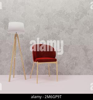 3D chaise rouge dans la salle de séjour avec lampe sur fond de béton Banque D'Images