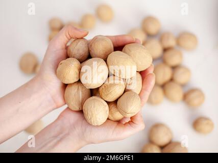 Beaucoup de noix entières dans les mains des femmes gros plan. Alimentation saine et biologique Banque D'Images