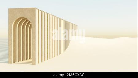 3d illustration, 3d rendu. Chemin sous des arches en béton dans le désert. Banque D'Images