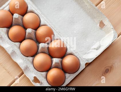 Quelques oeufs bruns parmi les cellules vides d'un grand sac en carton Banque D'Images