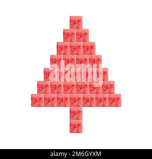 Silhouette d'un sapin de Noël en boîtes-cadeaux rouges. Arrière-plan blanc isolé. 3D rendu Banque D'Images