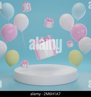 Boîte cadeau blanche de 3D couleurs avec ballon pastel sur fond bleu Banque D'Images
