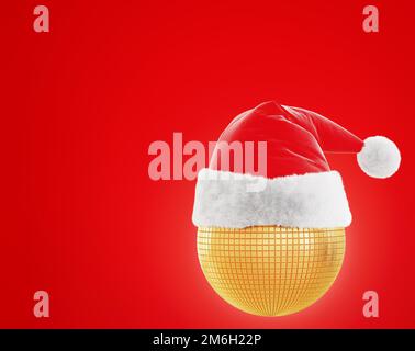 Le chapeau du Père Noël est habillé sur un jouet rond doré sur fond rouge avec un contre-jour. 3D rendu Banque D'Images