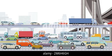 Grande ville en heure de pointe avec une intersection dans l'embouteillage et illustration des transports en commun Banque D'Images