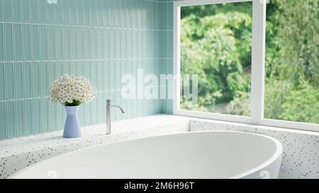 3D bain blanc de rendu avec carreaux verts et Terrazo blanc Banque D'Images