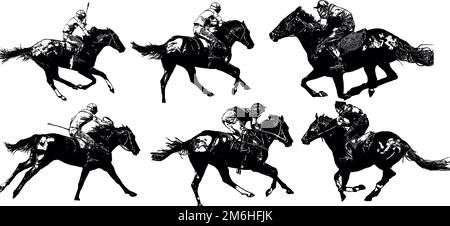 Cheval de course avec jockey aux courses. Isolé sur un fond blanc Banque D'Images