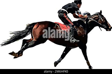 Cheval de course avec jockey aux courses. Isolé sur un fond blanc Banque D'Images