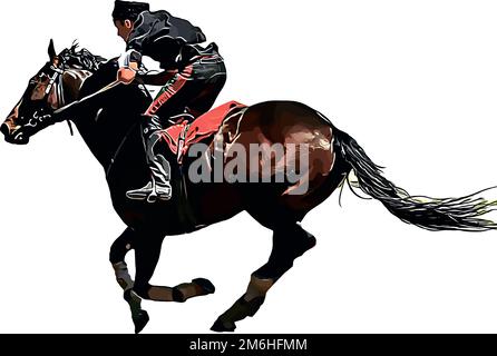 Cheval de course avec jockey aux courses. Isolé sur un fond blanc Banque D'Images