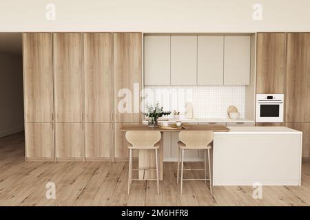 Intérieur de cuisine beige avec îlot et tabouret de bar. Vue avant. Espace de restauration de l'hôtel avec ustensiles de cuisine. Parquet clair. 3d rendu. Haute qualité Banque D'Images