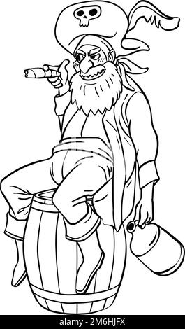 Pirate assis sur Une page de coloriage isolée de tonneau Illustration de Vecteur