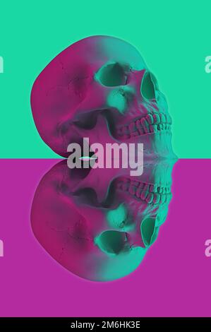 Collage avec copie en plâtre du crâne humain dans un style surréaliste. Affiche créative moderne avec tête de crâne homme. Art contemporain Funk Banque D'Images