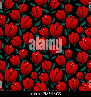 Motif sans couture de tulipes rouges avec feuilles vertes Banque D'Images
