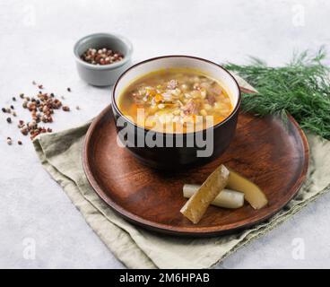 Soupe russe traditionnelle avec concombres marinés. Pickle avec de l'orge perlé et de la viande sur un fond clair avec de l'aneth frais et des épices. Le concept de lui Banque D'Images