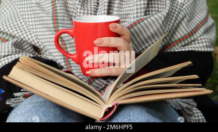 Une fille vêtue d'un manteau et d'un foulard dans la forêt d'automne tient un livre et une tasse avec une boisson chaude dans ses mains en gros plan dans un cit Banque D'Images