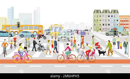 Silhouette de ville avec des piétons sur le passage à Zèbre et les transports publics et les cyclistes, illustrati Banque D'Images