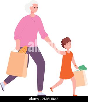 Grand-mère et fille allant au supermarché avec des achats d'épicerie isolés sur fond blanc Illustration de Vecteur