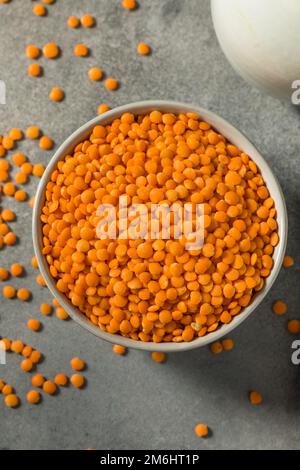 Lentilles rouges biologiques crues légumineuses dans un bol Banque D'Images