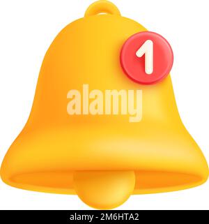 Icône notification 3D. Symbole de sonnerie jaune isolé sur fond blanc Illustration de Vecteur